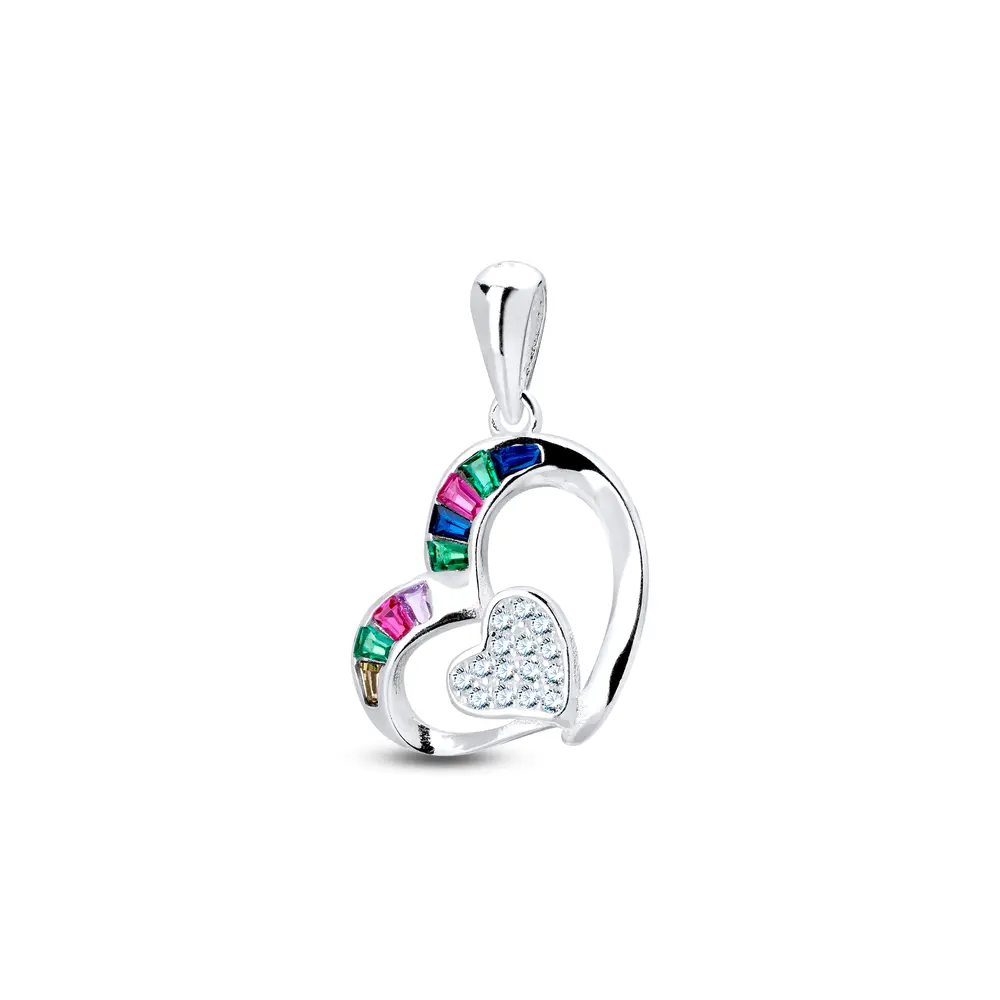 Pingente Prata Coração Com Zircônias Coloridas