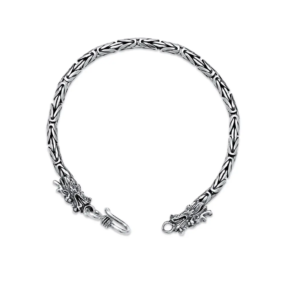 Pulseira Prata Bali Masculina Ponto Peruano Fecho Dragão 21cm 4mm