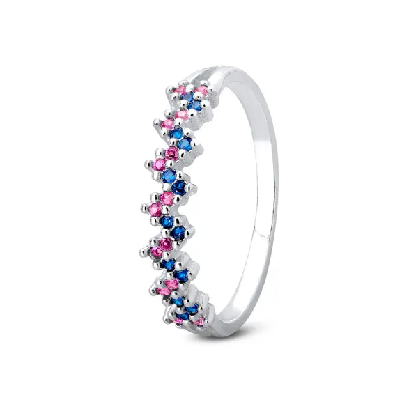 Anel Prata Com Zircônias Coloridas Safira Rosa, Azul Safira