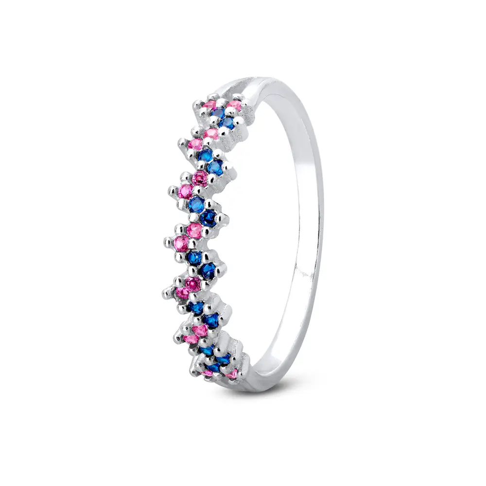 Anel Prata Com Zircônias Coloridas Safira Rosa, Azul Safira