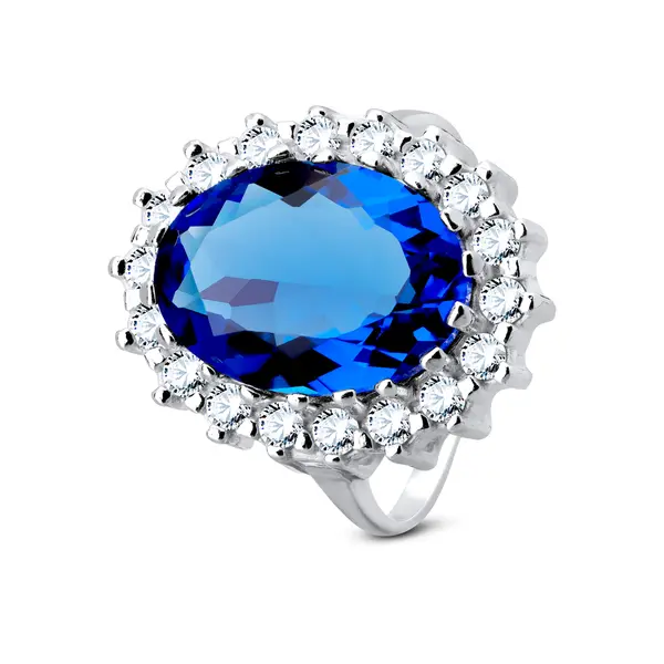 Anel Prata Zircônia Grande Oval Azul No Meio E Zircônias Brancas Em Volta