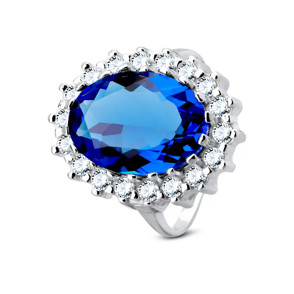 Anel Prata Zircônia Grande Oval Azul No Meio E Zircônias Brancas Em Volta
