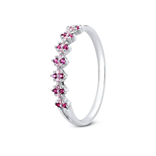 Anel Prata Zircônias Coloridas Safira Rosa E Fucsia