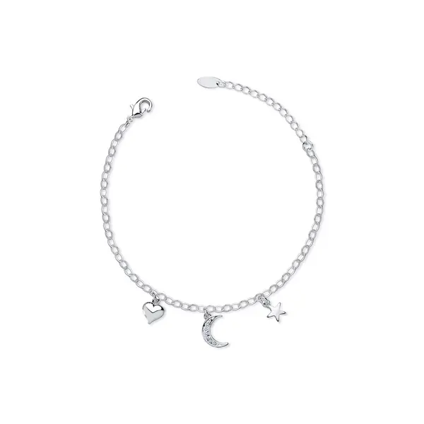 Pulseira Prata Leve Com Pingentes Coração ,Lua E Estrela