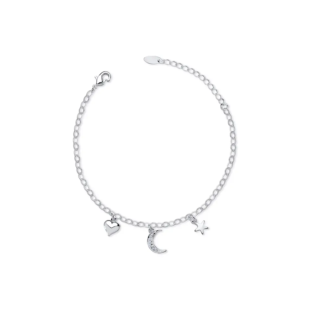 Pulseira Prata Leve Com Pingentes Coração ,Lua E Estrela