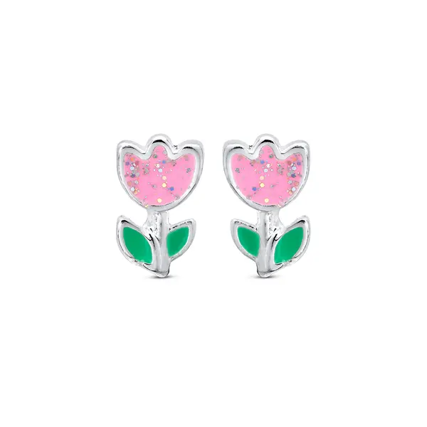 Brinco Prata  Leve Infantil  Flor Esmaltada Rosa