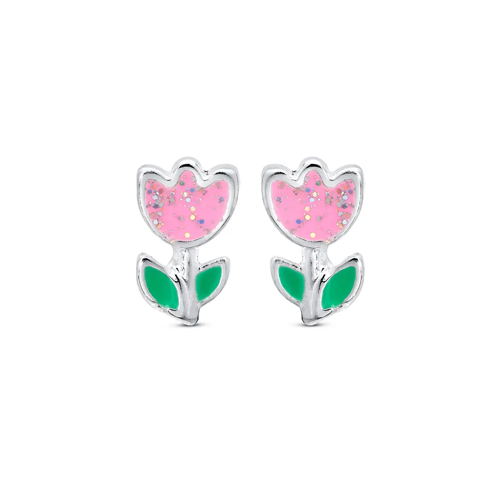 Brinco Prata  Leve Infantil  Flor Esmaltada Rosa