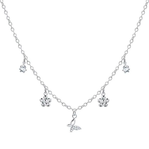 Gargantilha Prata Leve Borboleta,Flor E Pedrinhas Penduradas