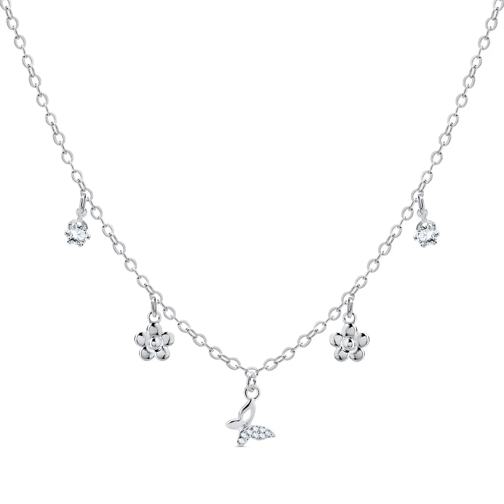 Gargantilha Prata Leve Borboleta,Flor E Pedrinhas Penduradas