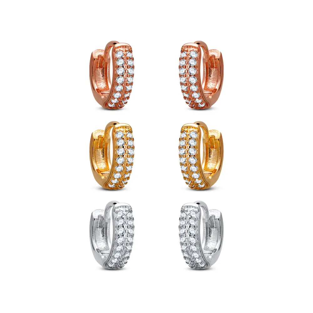 Brinco Folheado Trio Amarelo, Branco E Rose Argolas Cravejadas Com Zircônias