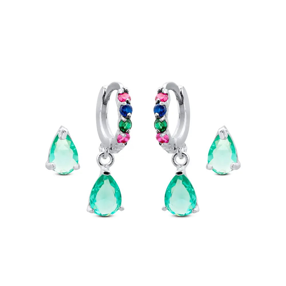 Brinco Prata Duplo Com Zircônias Coloridas