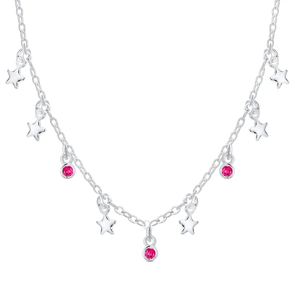 Colar Prata Leve Estrelinas Lisas E Zircônias Rosa Penduradas