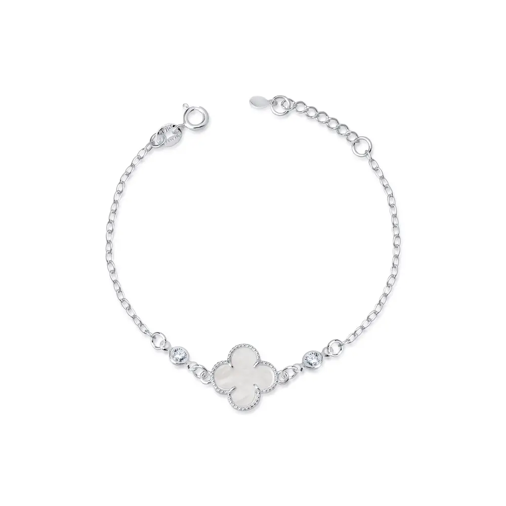 Pulseira Prata Leve Trevo Madrepérola Com Zircônias