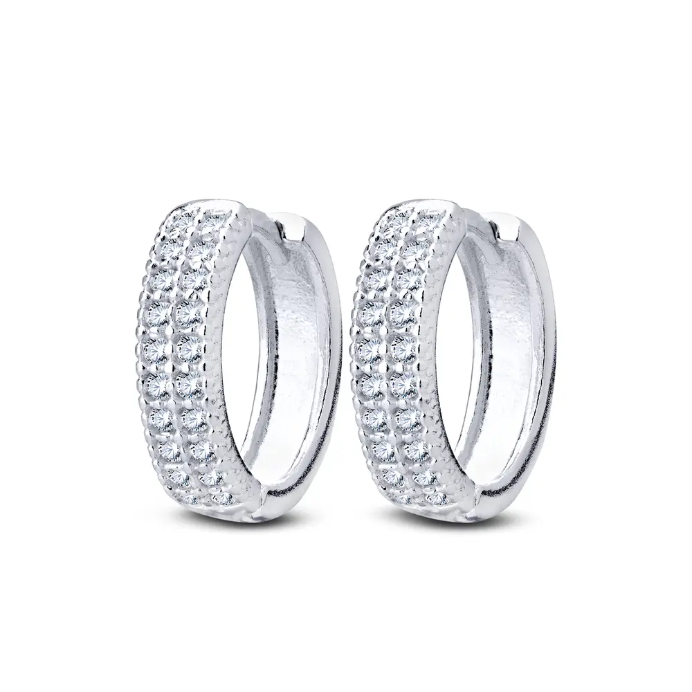 Brinco Prata Argola Click Duas Carreiras De Zircônias