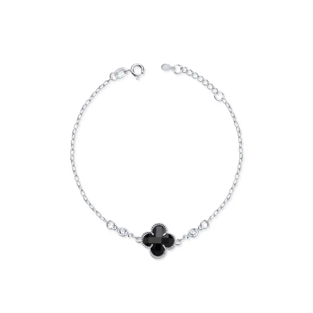 Pulseira Prata Leve Trevo Preto Com Zircônias