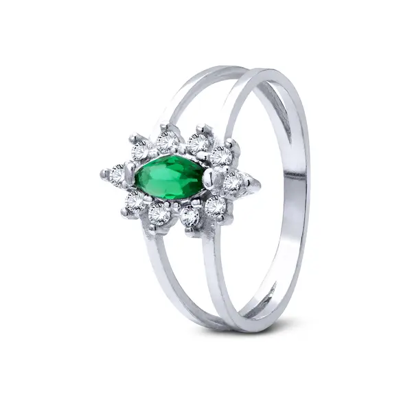 Anel Prata Com Zircônia Navete Verde