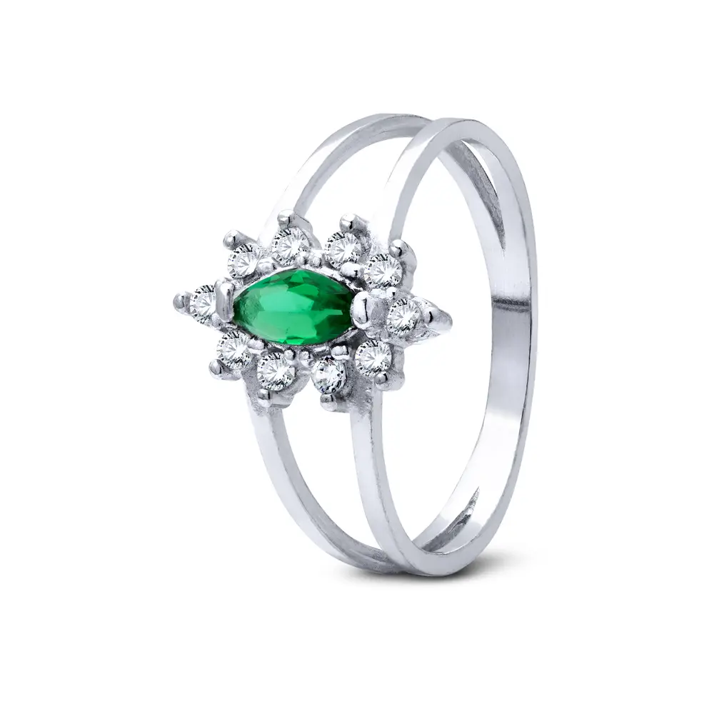 Anel Prata Com Zircônia Navete Verde