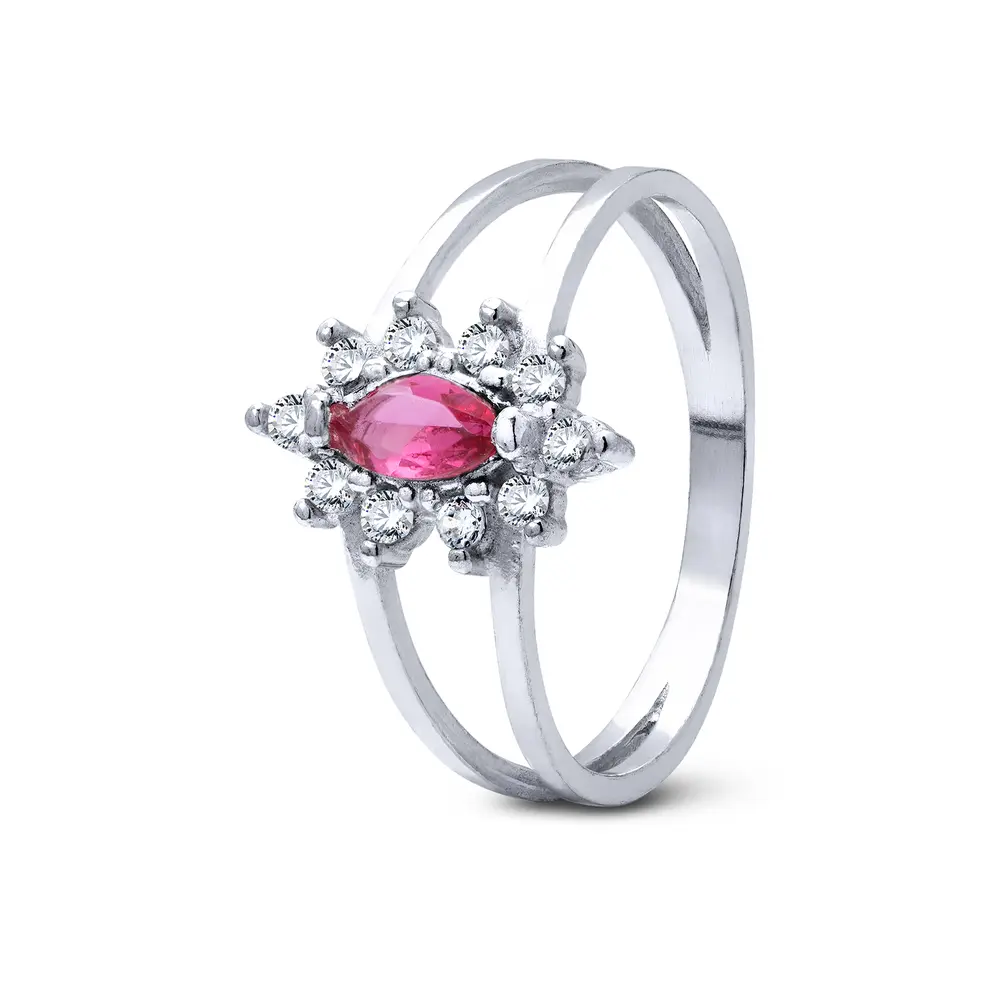Anel Prata Com Zircônia Navete Rosa