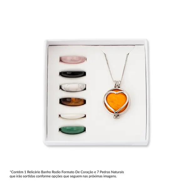 Colar Relicário Banho Rodio Formato De Coração 7 Pedras Naturais Sortidas