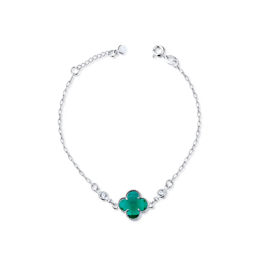 Pulseira Prata  Leve Trevo Verde Com Zircônias