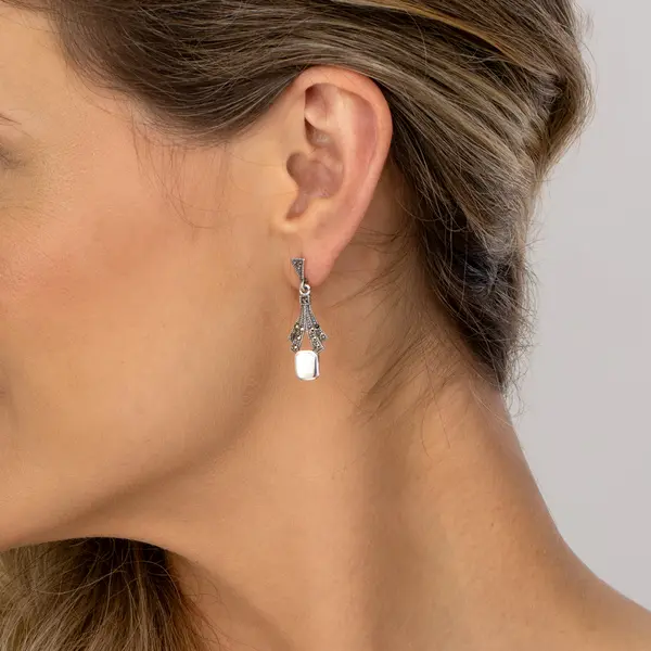 Brinco  Prata Envelhecido  Marcassitas  Com Madrepérola Retangular