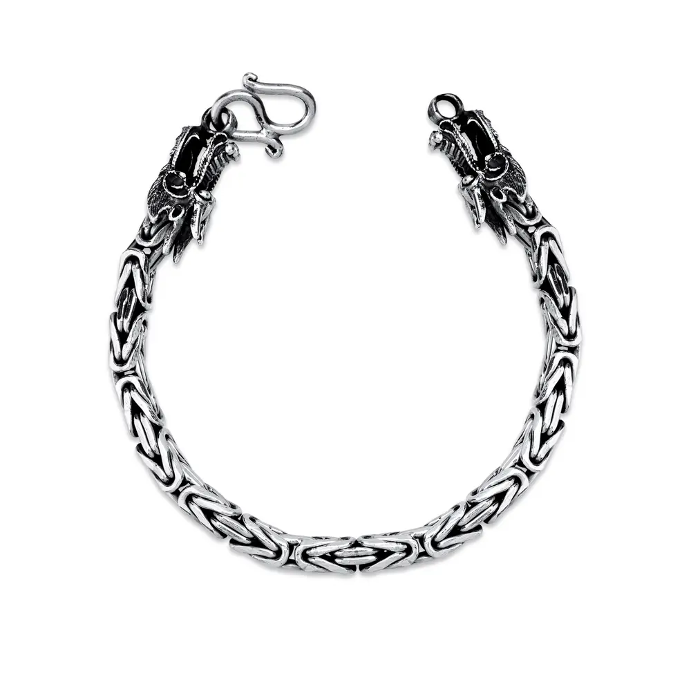 Pulseira Prata Bali Masculina Ponto Peruano Fecho Dragão 19cm 4,5mm