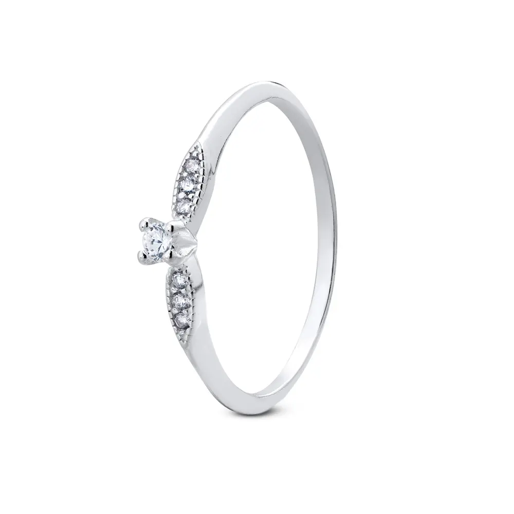 Anel Prata Solitário Com Zircônias