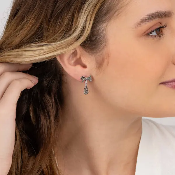 Brinco Prata Marcassita Laço Com Gota