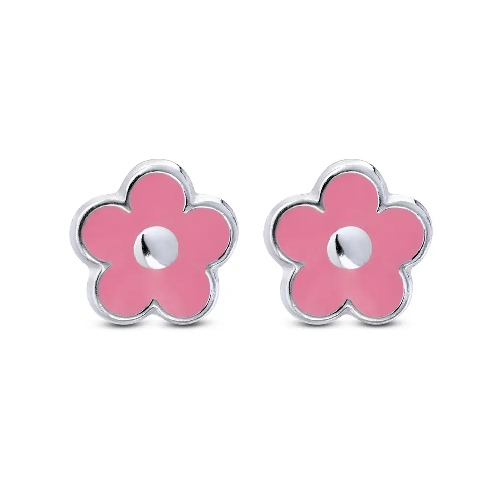 Brinco Prata Flor Cor De Rosa