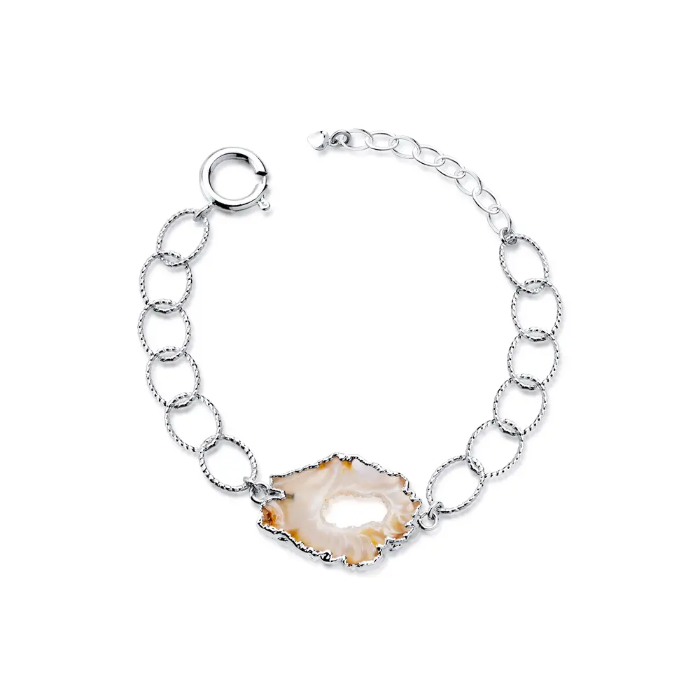 Pulseira  Prata Leve Cheers Geodo De Ágata