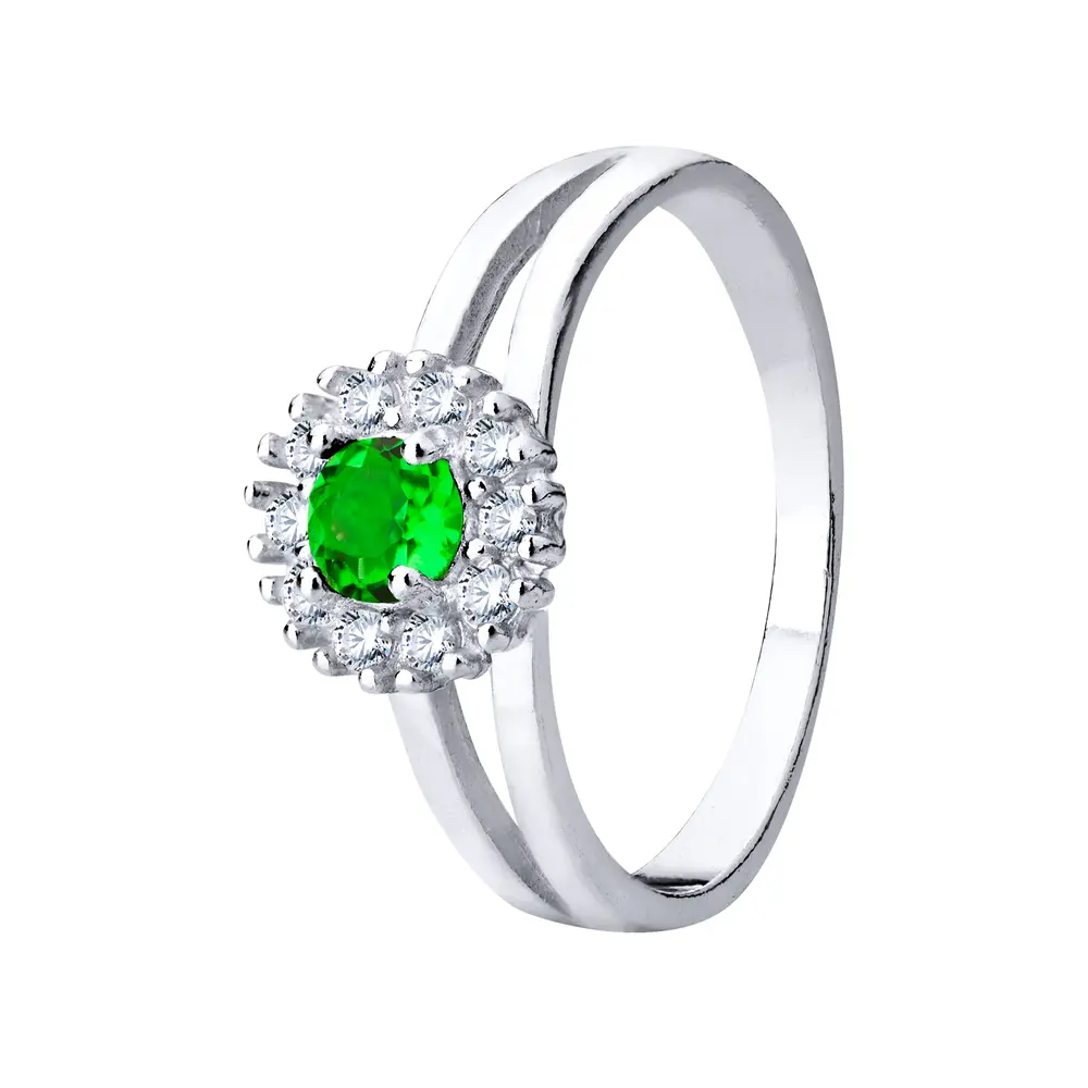 Anel Prata Zircônias Branca E Verde  No Meio