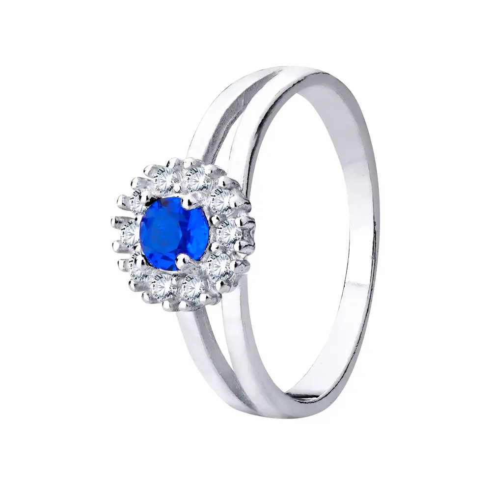 Anel Prata Zircônias Branca E Azul  No Meio