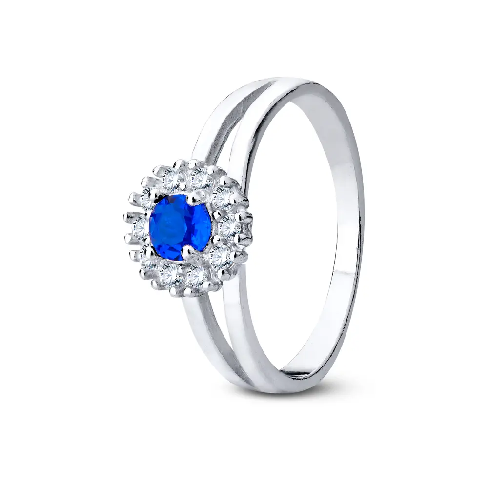 Anel Prata Zircônias Branca E Azul  No Meio P