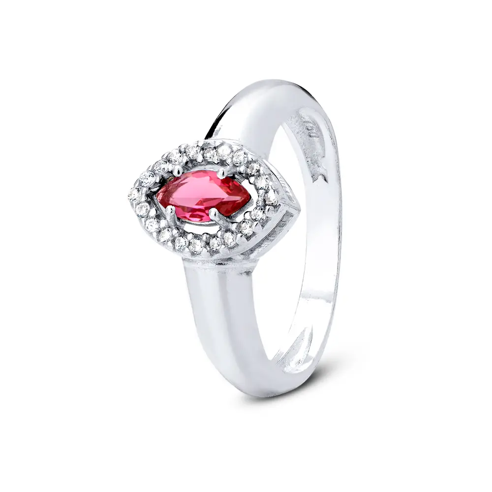 Anel  Prata Com Zircônias E Pedra Navete