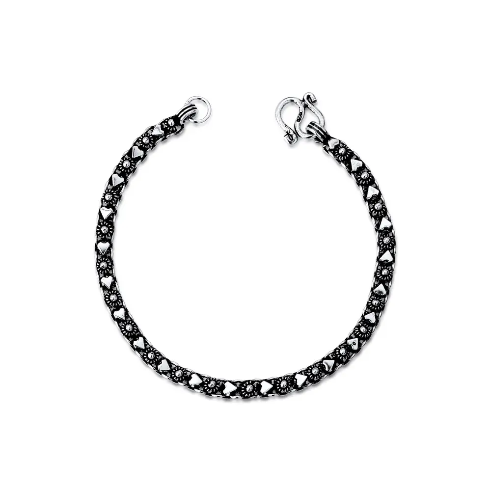 Pulseira Prata Envelhecida Coração Pikun 18 cm