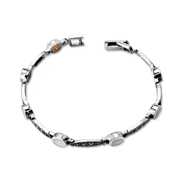 Pulseira Prata Envelhecida  Oval Com Madrepérola  E Marcassitas