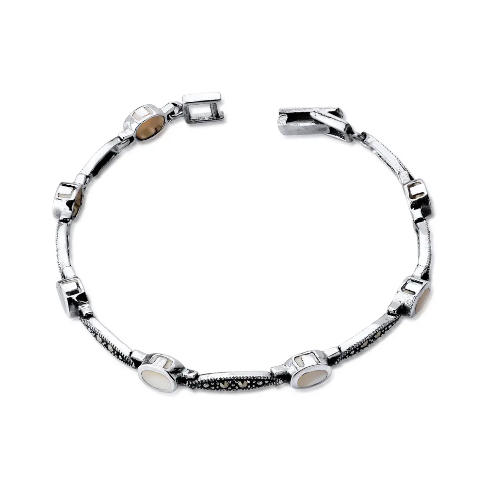 Pulseira Prata Envelhecida  Oval Com Madrepérola  E Marcassitas