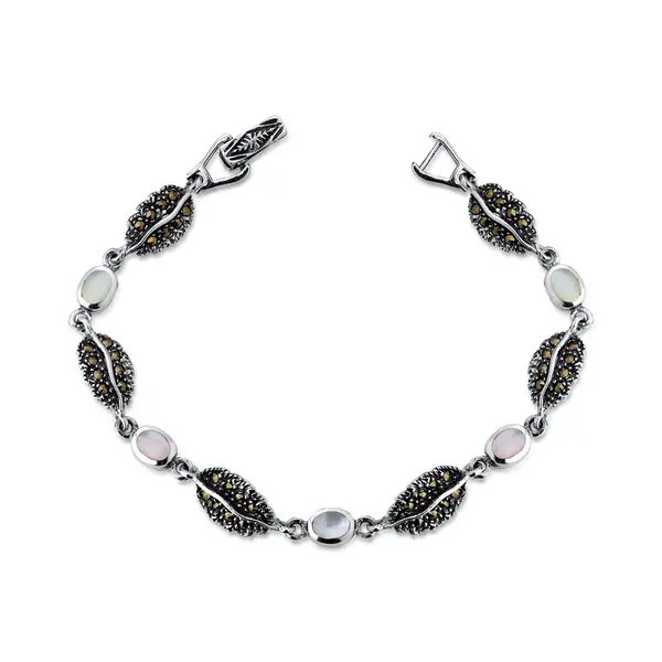Pulseira Prata Envelhecida Folhas Marcassitas Com Madrepérola
