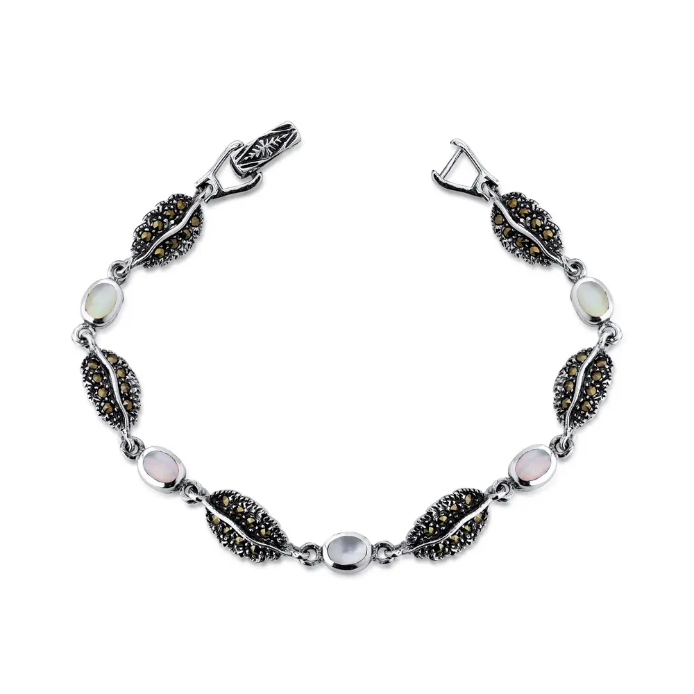 Pulseira Prata Envelhecida Folhas Marcassitas Com Madrepérola