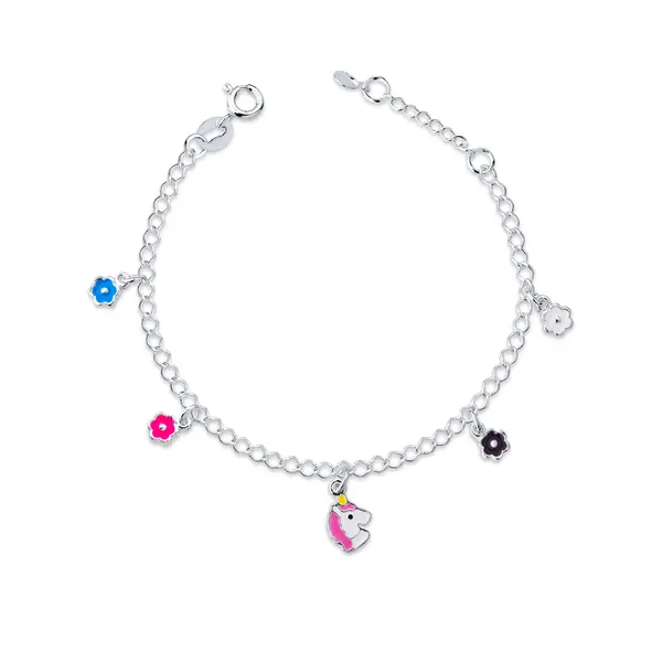 Pulseira Prata  Leve Infantil Pingentes Unicornio E Flores Coloridas