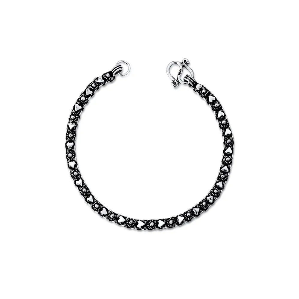 Pulseira Prata Envelhecida Coração  Pikun 17 cm