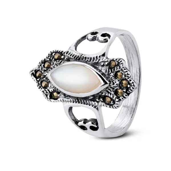 Anel  Prata   Madrepérola Navete  Com Marcassita