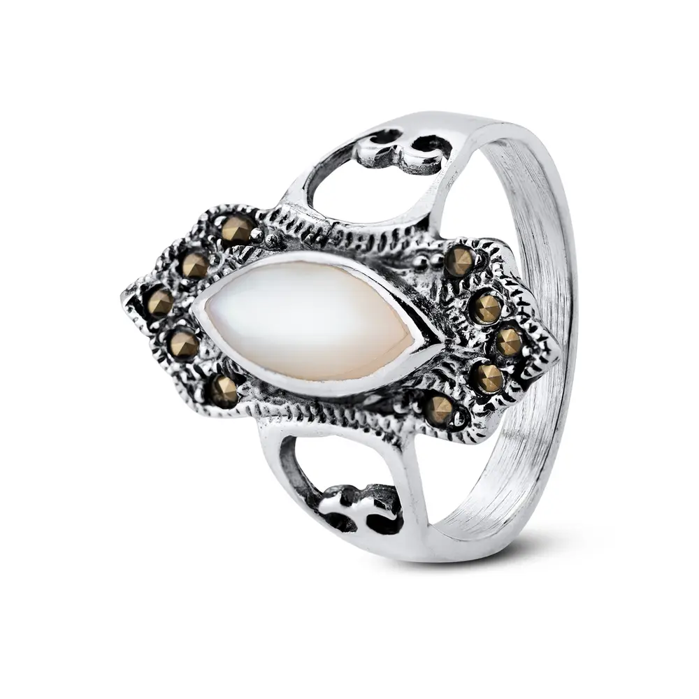 Anel  Prata   Madrepérola Navete  Com Marcassita