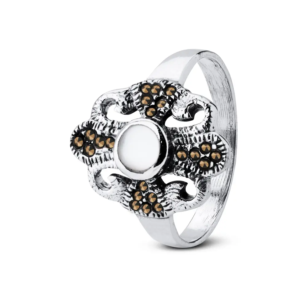 Anel  Prata  Redondo Madrepérola E Marcassita