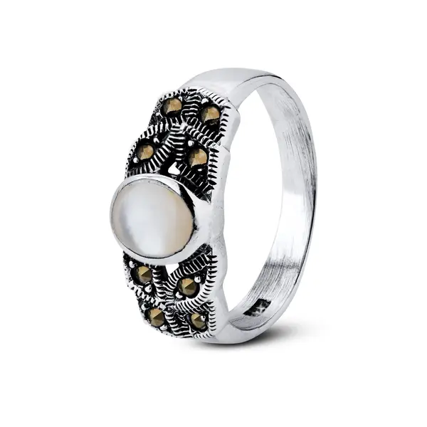 Anel  Prata   Madrepérola  Com Marcassita