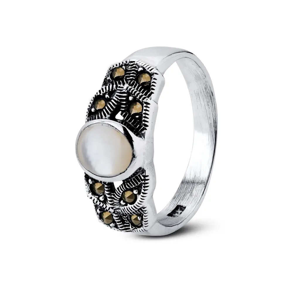 Anel  Prata   Madrepérola  Com Marcassita