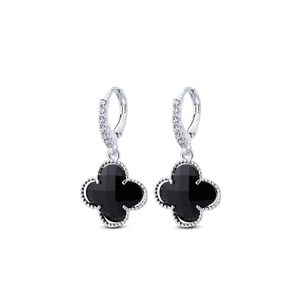 Brinco Prata Leve Trevo Argola Grande Com Zircônias  Preto