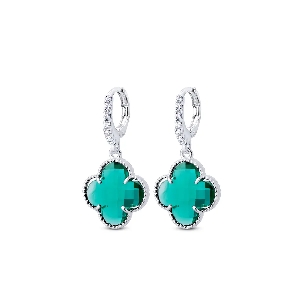 Brinco Prata Leve Trevo Argola Grande Com Zircônias  Verde