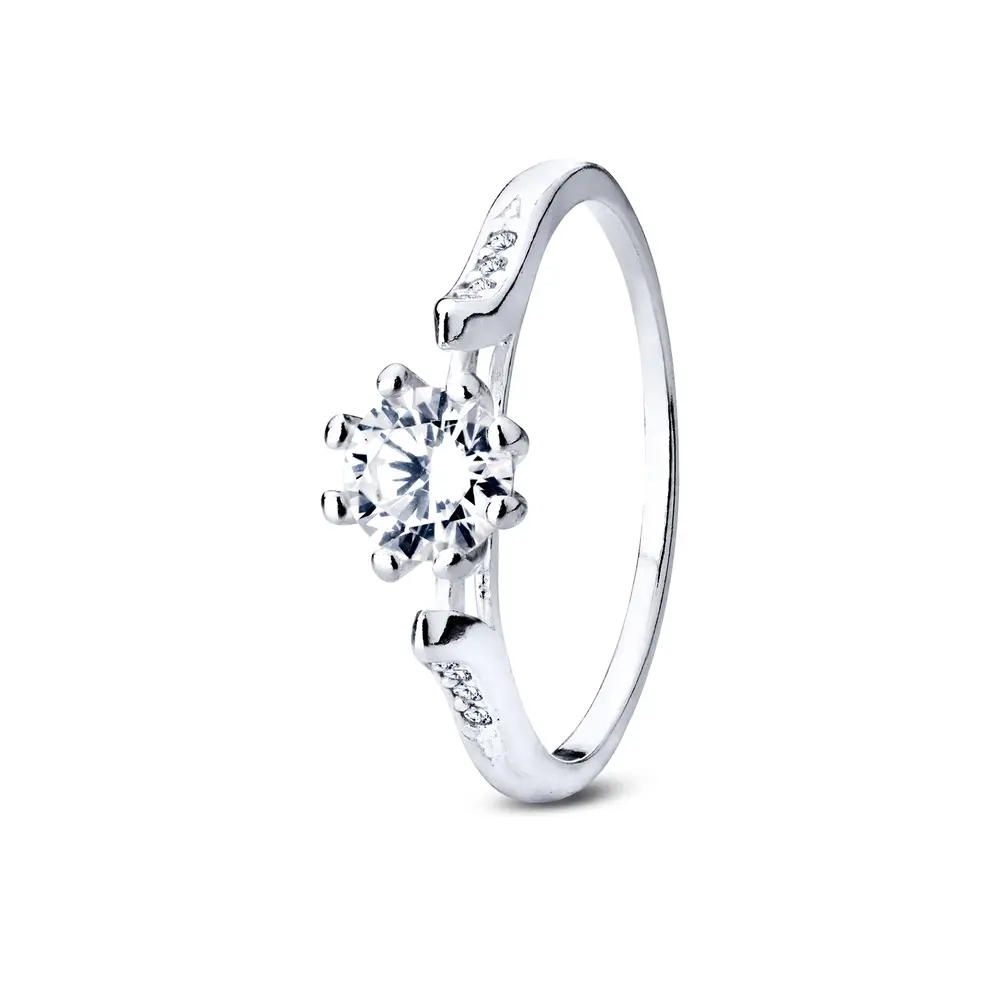 Anel Prata Solitário Com Zircônias