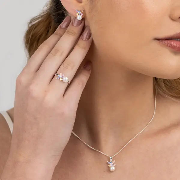 Conjunto Prata Perola Borboleta  Com Zircônia  Coloridas